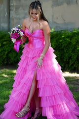 Sweetheart Pink A-Line Long Prom Dress, Tulle Ruffle Evening Gown, AST1534 Sweetheart Pink A-Line Long Prom Dress, Tulle Ruffle Evening Gown, AST1534