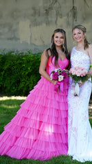 Sweetheart Pink A-Line Long Prom Dress, Tulle Ruffle Evening Gown, AST1534 Sweetheart Pink A-Line Long Prom Dress, Tulle Ruffle Evening Gown, AST1534