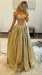 Two Pieces Gold Sequin Prom Dresses, Long Party Evening Gown, AST1561 Two Pieces Gold Sequin Prom Dresses, Long Party Evening Gown, AST1561