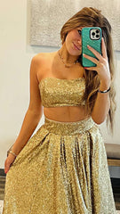 Two Pieces Gold Sequin Prom Dresses, Long Party Evening Gown, AST1561 Two Pieces Gold Sequin Prom Dresses, Long Party Evening Gown, AST1561