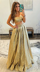 Two Pieces Gold Sequin Prom Dresses, Long Party Evening Gown, AST1561 Two Pieces Gold Sequin Prom Dresses, Long Party Evening Gown, AST1561