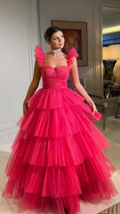 Fuchsia Organza Long Prom Dresses, Tiered Evening Formal Party Gown, AST1526 Fuchsia Organza Long Prom Dresses, Tiered Evening Formal Party Gown, AST1526