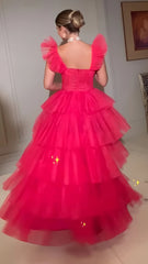 Fuchsia Organza Long Prom Dresses, Tiered Evening Formal Party Gown, AST1526 Fuchsia Organza Long Prom Dresses, Tiered Evening Formal Party Gown, AST1526