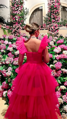Fuchsia Organza Long Prom Dresses, Tiered Evening Formal Party Gown, AST1526 Fuchsia Organza Long Prom Dresses, Tiered Evening Formal Party Gown, AST1526
