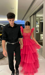 Fuchsia Organza Long Prom Dresses, Tiered Evening Formal Party Gown, AST1526 Fuchsia Organza Long Prom Dresses, Tiered Evening Formal Party Gown, AST1526