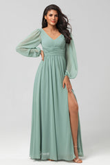 A Line Green Long Sleeves Bridesmaid Dress with Slit A Line Green Long Sleeves Bridesmaid Dress with Slit