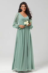 A Line Green Long Sleeves Bridesmaid Dress with Slit A Line Green Long Sleeves Bridesmaid Dress with Slit