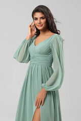 A Line Green Long Sleeves Bridesmaid Dress with Slit A Line Green Long Sleeves Bridesmaid Dress with Slit