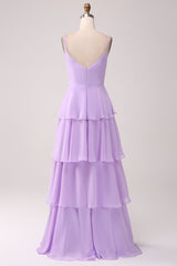 A Line Spaghetti Straps Tiered Chiffon Lilac Bridesmaid Dress with Slit A Line Spaghetti Straps Tiered Chiffon Lilac Bridesmaid Dress with Slit