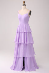 A Line Spaghetti Straps Tiered Chiffon Lilac Bridesmaid Dress with Slit A Line Spaghetti Straps Tiered Chiffon Lilac Bridesmaid Dress with Slit
