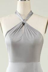 A Line Halter Neck Grey Long Bridesmaid Dress with Slit A Line Halter Neck Grey Long Bridesmaid Dress with Slit