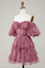 Off the Shoulder A Line Printed Cute Homecoming Dress Off the Shoulder A Line Printed Cute Homecoming Dress