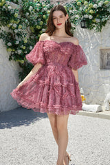 Off the Shoulder A Line Printed Cute Homecoming Dress Off the Shoulder A Line Printed Cute Homecoming Dress