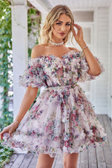 Off the Shoulder A Line Printed Cute Homecoming Dress Off the Shoulder A Line Printed Cute Homecoming Dress