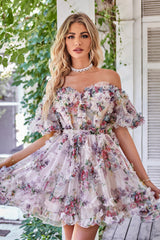 Off the Shoulder A Line Printed Cute Homecoming Dress Off the Shoulder A Line Printed Cute Homecoming Dress
