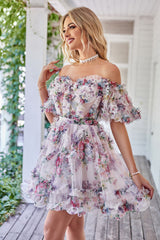 Off the Shoulder A Line Printed Cute Homecoming Dress Off the Shoulder A Line Printed Cute Homecoming Dress