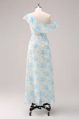 A-Line White Blue Flower Chiffon Bridesmaid Dress with Slit A-Line White Blue Flower Chiffon Bridesmaid Dress with Slit