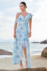 A-Line White Blue Flower Chiffon Bridesmaid Dress with Slit A-Line White Blue Flower Chiffon Bridesmaid Dress with Slit