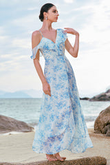 A-Line White Blue Flower Chiffon Bridesmaid Dress with Slit A-Line White Blue Flower Chiffon Bridesmaid Dress with Slit