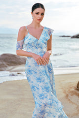 A-Line White Blue Flower Chiffon Bridesmaid Dress with Slit A-Line White Blue Flower Chiffon Bridesmaid Dress with Slit