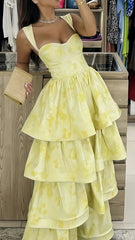 Yellow Floral Print Long Prom Dresses, Tie Dye Flax Evening Party Gown, AST1585 Yellow Floral Print Long Prom Dresses, Tie Dye Flax Evening Party Gown, AST1585