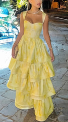 Yellow Floral Print Long Prom Dresses, Tie Dye Flax Evening Party Gown, AST1585 Yellow Floral Print Long Prom Dresses, Tie Dye Flax Evening Party Gown, AST1585