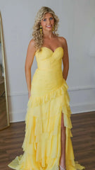 Yellow Sweetheart Ruffle Prom Dress, Long Party Dresses, Chiffon Evening Gown, AST1560 Yellow Sweetheart Ruffle Prom Dress, Long Party Dresses, Chiffon Evening Gown, AST1560