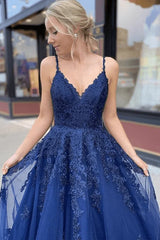 A-line Navy Blue Tulle Lace Long Prom Dress Evening Dress,AST1233 A-line Navy Blue Tulle Lace Long Prom Dress Evening Dress,AST1233