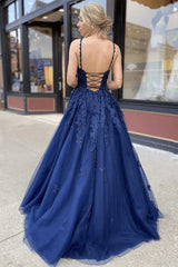 A-line Navy Blue Tulle Lace Long Prom Dress Evening Dress,AST1233 A-line Navy Blue Tulle Lace Long Prom Dress Evening Dress,AST1233