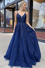 A-line Navy Blue Tulle Lace Long Prom Dress Evening Dress,AST1236 A-line Navy Blue Tulle Lace Long Prom Dress Evening Dress,AST1236