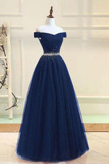 A-line Off The Shoulder Navy Blue Tulle Prom Dress With Beading,AST1290 A-line Off The Shoulder Navy Blue Tulle Prom Dress With Beading,AST1290