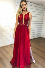 Plunging V-Neck Dark Red Beaded Tulle Prom Evening Dress With Side Slit,AST1255 Plunging V-Neck Dark Red Beaded Tulle Prom Evening Dress With Side Slit,AST1255