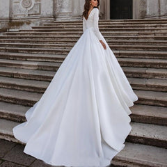 A Line White Long Sleeves Appliqued Wedding Dresses with Train A Line White Long Sleeves Appliqued Wedding Dresses with Train