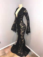 Black Deep V-Neck Long Sleeves Lace Sheer Floor Length Prom Dress Black Deep V-Neck Long Sleeves Lace Sheer Floor Length Prom Dress