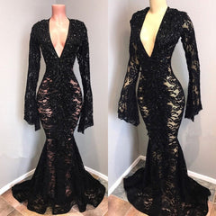 Black Deep V-Neck Long Sleeves Lace Sheer Floor Length Prom Dress Black Deep V-Neck Long Sleeves Lace Sheer Floor Length Prom Dress