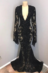 Black Deep V-Neck Long Sleeves Lace Sheer Floor Length Prom Dress Black Deep V-Neck Long Sleeves Lace Sheer Floor Length Prom Dress