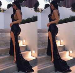 Black Sequins Spaghetti Straps Side Slit Criss-Cross Prom Dress Black Sequins Spaghetti Straps Side Slit Criss-Cross Prom Dress