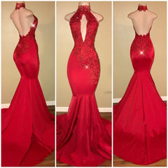 Bling Red High Neck Appliques Sequined Mermaid Prom Dress with Keyhole Bling Red High Neck Appliques Sequined Mermaid Prom Dress with Keyhole