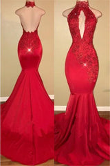 Bling Red High Neck Appliques Sequined Mermaid Prom Dress with Keyhole Bling Red High Neck Appliques Sequined Mermaid Prom Dress with Keyhole