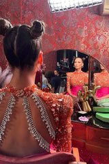 Budget High Neck Half Sleeves Evening Gowns Fuchsia Long Split With Sequins Budget High Neck Half Sleeves Evening Gowns Fuchsia Long Split With Sequins