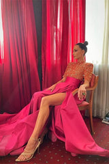 Budget High Neck Half Sleeves Evening Gowns Fuchsia Long Split With Sequins Budget High Neck Half Sleeves Evening Gowns Fuchsia Long Split With Sequins