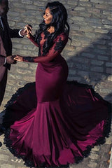 Burgundy Long Sleeves Mermaid Appliques Backless Prom Dress Burgundy Long Sleeves Mermaid Appliques Backless Prom Dress