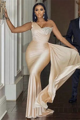 Champagne One Shoulder Ruffles Crystal Prom Dresses Champagne One Shoulder Ruffles Crystal Prom Dresses