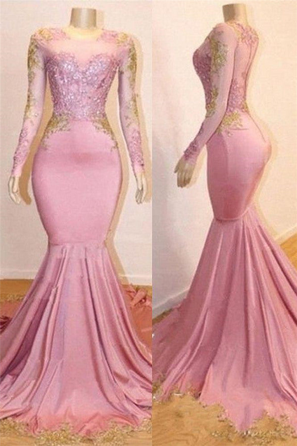 Chic Pink Appliques Long Sleeves Mermaid Sweep Train Prom Dress