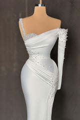 Chic White Off Shoulder Sheath Pearls Ruffles Prom Dress Chic White Off Shoulder Sheath Pearls Ruffles Prom Dress