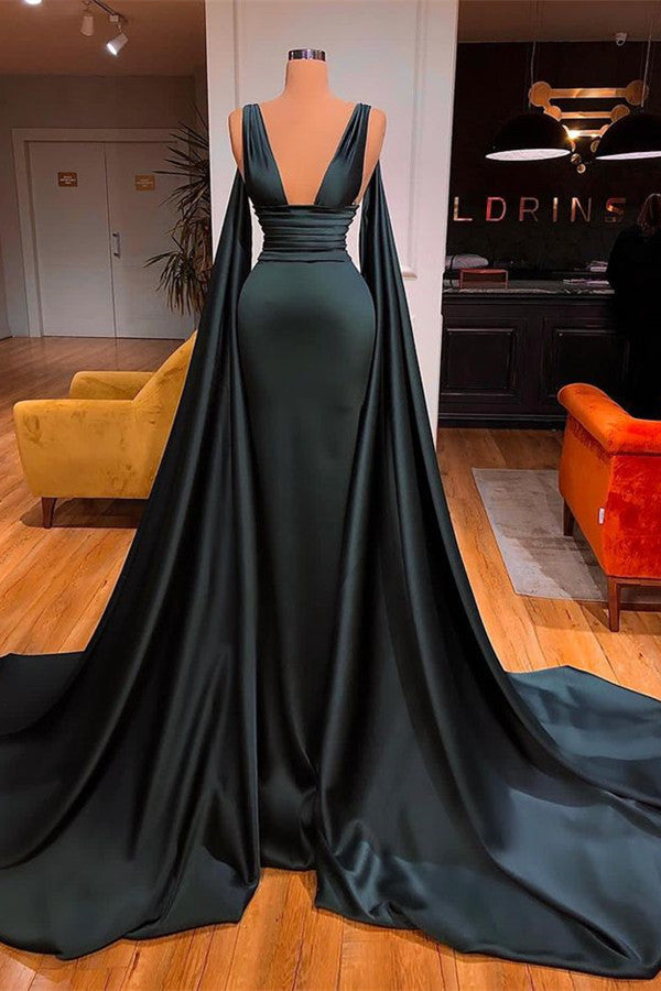 Dark Green V-Neck Sleeveless Sheath Ruffles Prom Dress