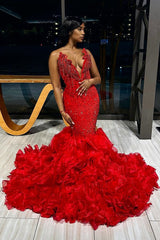 Deep V-Neck Red Lace Up Mermaid Ruffles Sexy Prom Dress Deep V-Neck Red Lace Up Mermaid Ruffles Sexy Prom Dress
