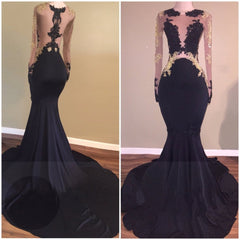 Elegant Black Long Sleeves Gold Appliques Mermaid Prom Dress Elegant Black Long Sleeves Gold Appliques Mermaid Prom Dress