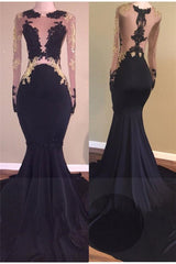 Elegant Black Long Sleeves Gold Appliques Mermaid Prom Dress Elegant Black Long Sleeves Gold Appliques Mermaid Prom Dress