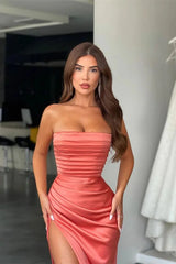 Elegant Coral Strapless Mermaid Evening Dress Mermaid Long Split With Pleats Elegant Coral Strapless Mermaid Evening Dress Mermaid Long Split With Pleats